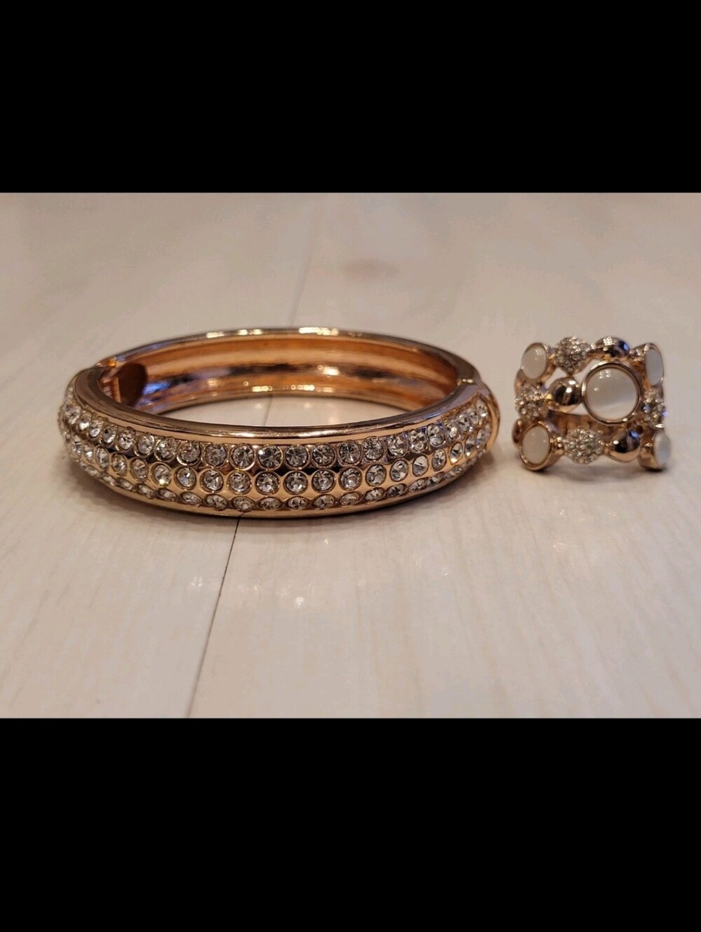 Rose Gold Colored Rhinestone Cream Bangle & Ring Set - Picture 6 of 6